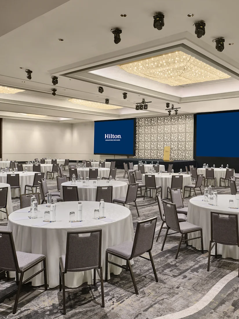 Cluster seating configuration in the Grand Ballroom at Hilton Singapore Orchard